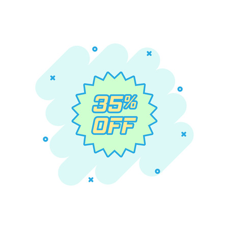 Vector cartoon discount sticker icon in comic style. Sale tag illustration pictogram. Promotion 35 percent discount splash effect concept.のイラスト素材