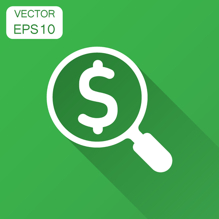 Magnify glass with dollar sign icon in flat style. Loupe, money vector illustration with long shadow. Search bill business concept.のイラスト素材