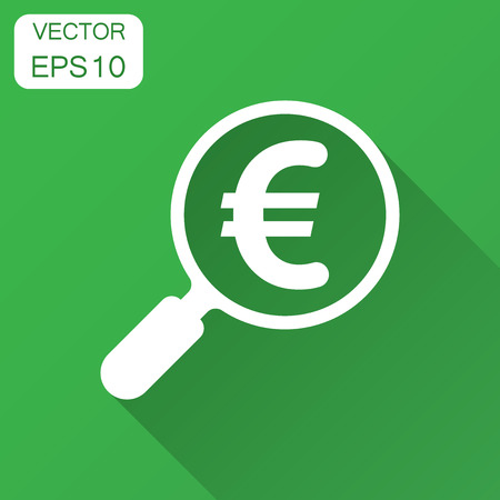 Magnify glass with euro sign icon in flat style. Loupe, money vector illustration with long shadow. Search bill business concept.のイラスト素材