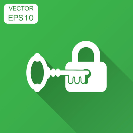 Key with padlock icon in flat style. Access login vector illustration with long shadow. Lock keyhole business concept.のイラスト素材