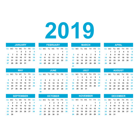 Calendar 2019 year in simple style. Calendar planner design template. Agenda monthly template. Business vector illustration.のイラスト素材