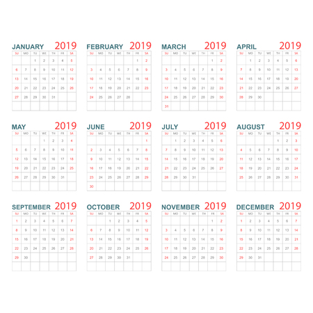 Calendar 2019 year in simple style. Calendar planner design template. Agenda monthly template. Business vector illustration.のイラスト素材