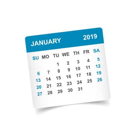 Calendar january 2019 year in paper sticker with shadow. Calendar planner design template. Agenda january monthly reminder. Business vector illustration.のイラスト素材