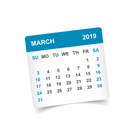 Calendar march 2019 year in paper sticker with shadow. Calendar planner design template. Agenda march monthly reminder. Business vector illustration.のイラスト素材
