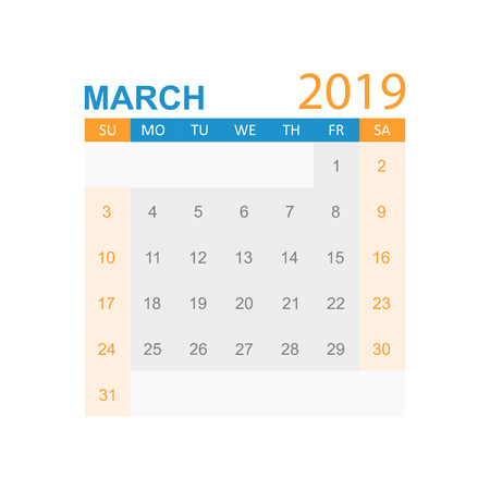 Calendar march 2019 year in simple style. Calendar planner design template. Agenda march monthly reminder. Business vector illustration.のイラスト素材