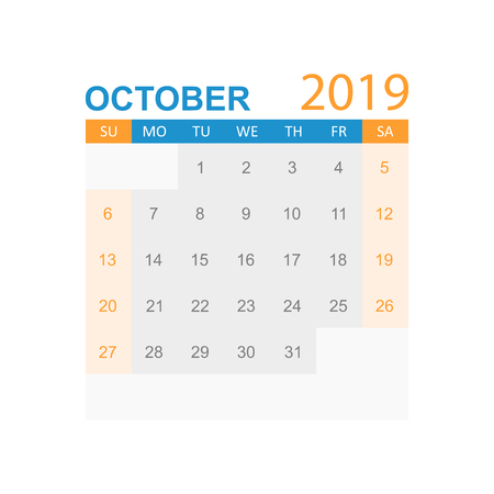 Calendar october 2019 year in simple style. Calendar planner design template. Agenda october monthly reminder. Business vector illustration.のイラスト素材