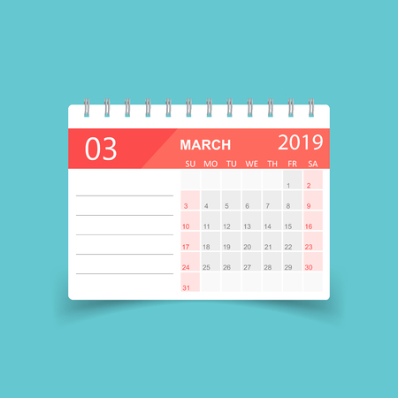 Calendar march 2019 year in paper sticker with shadow. Calendar planner design template. Agenda march monthly reminder. Business vector illustration.のイラスト素材