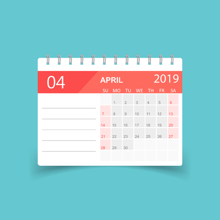 Calendar april 2019 year in paper sticker with shadow. Calendar planner design template. Agenda april monthly reminder. Business vector illustration.のイラスト素材