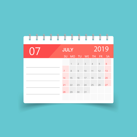 Calendar july 2019 year in paper sticker with shadow. Calendar planner design template. Agenda july monthly reminder. Business vector illustration.のイラスト素材