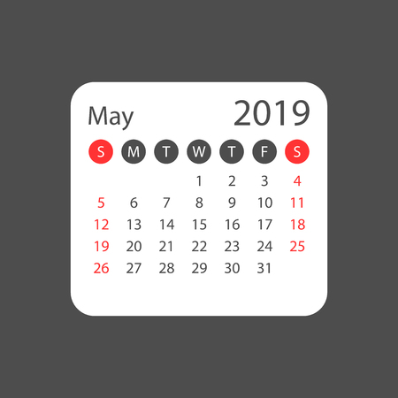 Calendar may 2019 year in simple style. Calendar planner design template. Agenda may monthly reminder. Business vector illustration.のイラスト素材