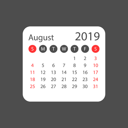 Calendar august 2019 year in simple style. Calendar planner design template. Agenda august monthly reminder. Business vector illustration.のイラスト素材