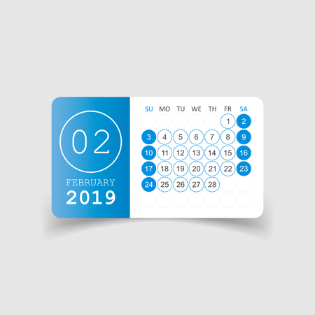 Calendar february 2019 year in paper sticker with shadow. Calendar planner design template. Agenda february monthly reminder. Business vector illustration.のイラスト素材