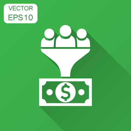 Lead management icon in flat style. Funnel with people, money vector illustration with long shadow. Target client business concept.のイラスト素材