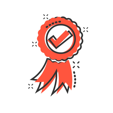 Approved certificate medal icon in comic style. Check mark stamp vector cartoon illustration pictogram. Accepted, award seal business concept splash effect.のイラスト素材