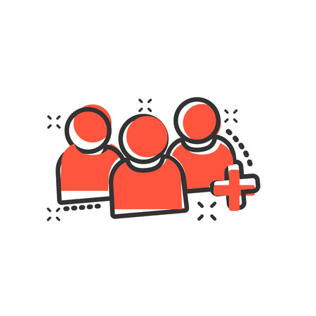People communication user profile icon in comic style. People with plus sign vector cartoon illustration pictogram. Partnership business concept splash effect.のイラスト素材