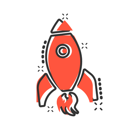 Rocket space ship icon in comic style. Spaceship vector cartoon illustration pictogram. Rocket start business concept splash effect.のイラスト素材