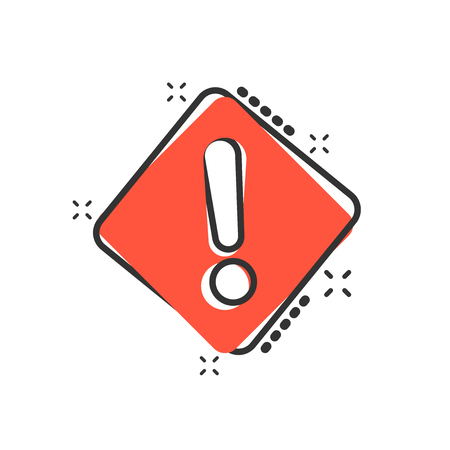 Exclamation mark icon in comic style. Danger alarm vector cartoon illustration pictogram. Caution risk business concept splash effect.のイラスト素材