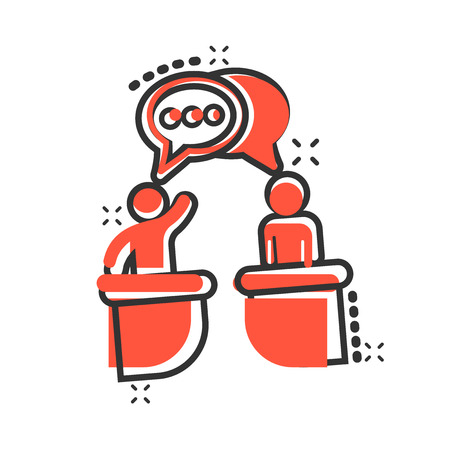 Politic debate icon in comic style. Presidential debates vector cartoon illustration pictogram. Businessman discussion business concept splash effect.のイラスト素材