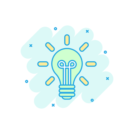 Light bulb icon in comic style. Lightbulb vector cartoon illustration pictogram. Lamp idea business concept splash effect.のイラスト素材