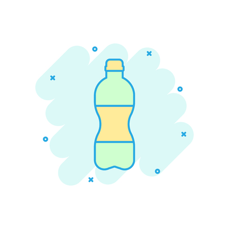 Water bottle icon in comic style. Plastic soda bottle vector cartoon illustration pictogram. Liquid water business concept splash effect.のイラスト素材