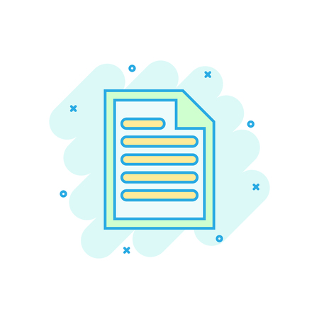 Document note icon in comic style. Paper sheet vector cartoon illustration pictogram. Notepad document business concept splash effect.のイラスト素材