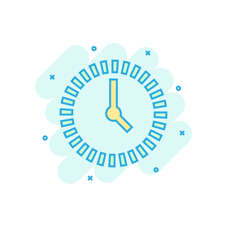 Clock countdown icon in comic style. Time chronometer vector cartoon illustration pictogram. Clock business concept splash effect.のイラスト素材