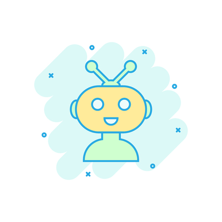Cute robot chatbot icon in comic style. Bot operator vector cartoon illustration pictogram. Smart chatbot character business concept splash effect.のイラスト素材