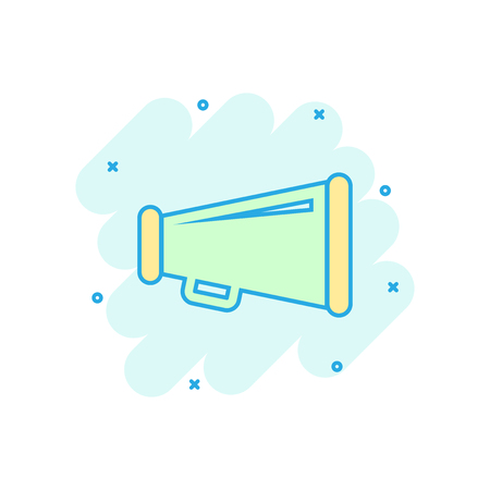 Megaphone speaker icon in comic style. Bullhorn audio announcement vector cartoon illustration pictogram. Megaphone broadcasting business concept splash effect.のイラスト素材