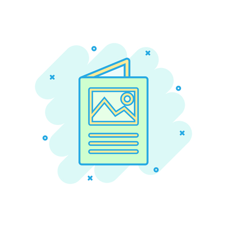 Flyer leaflet icon in comic style. Brochure sheet vector cartoon illustration pictogram. Booklet flyer business concept splash effect.のイラスト素材
