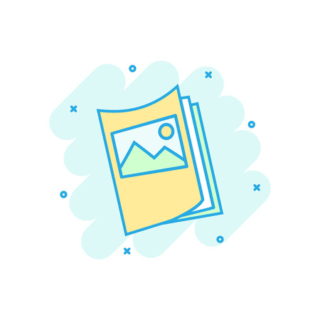 Flyer leaflet icon in comic style. Brochure sheet vector cartoon illustration pictogram. Booklet flyer business concept splash effect.のイラスト素材