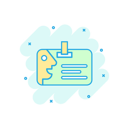 Id card icon in comic style. Identity badge vector cartoon illustration pictogram. Access cardholder people business concept splash effect.のイラスト素材