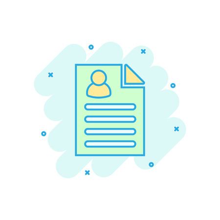 Resume icon in comic style. Contract document vector cartoon illustration pictogram. Resume business concept splash effect.のイラスト素材