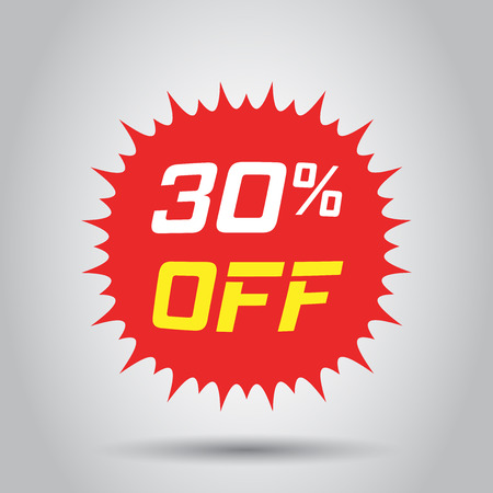 Discount sticker vector icon in flat style. Sale tag sign illustration on white background. Promotion 30 percent discount concept.のイラスト素材