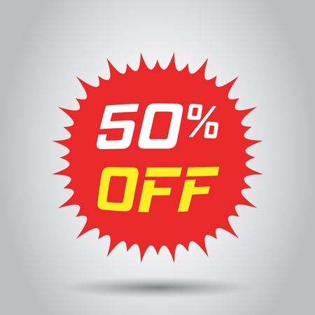 Discount sticker vector icon in flat style. Sale tag sign illustration on white background. Promotion 50 percent discount concept.のイラスト素材