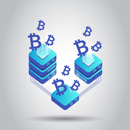 Mining bitcoin server vector icon in isometric style. Blockchain crypto money farm datacenter illustration background. Block chain concept.のイラスト素材