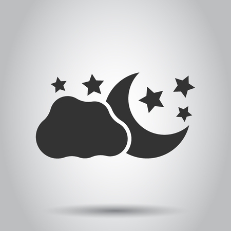 Moon and stars with clods vector icon in flat style. Nighttime illustration on white background. Cloud, moon business concept.のイラスト素材