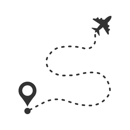 Airplane flight route icon in flat style. Travel line path vector illustration on white isolated background. Dash line trace business concept.のイラスト素材