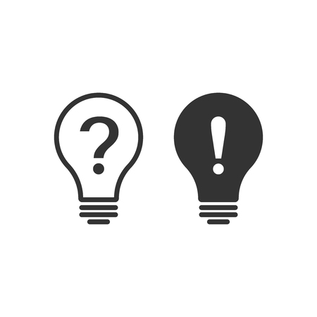 Problem solution icon in flat style. Light bulb idea vector illustration on white isolated background. Question and answer business concept.のイラスト素材