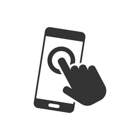 Hand touch smartphone icon in flat style. Phone finger vector illustration on white isolated background. Cursor touchscreen business concept.のイラスト素材