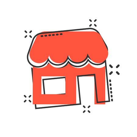Grocery store icon in comic style. Shop building vector cartoon illustration on white isolated background. Market boutique business concept splash effect.のイラスト素材