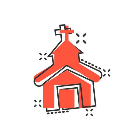 Church icon in comic style. Chapel vector cartoon illustration on white isolated background. Religious building business concept splash effect.のイラスト素材