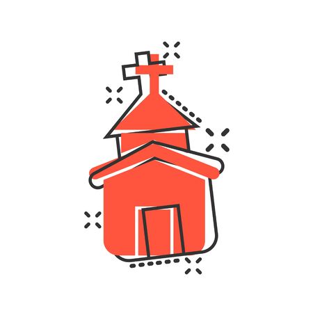 Church icon in comic style. Chapel vector cartoon illustration on white isolated background. Religious building business concept splash effect.のイラスト素材