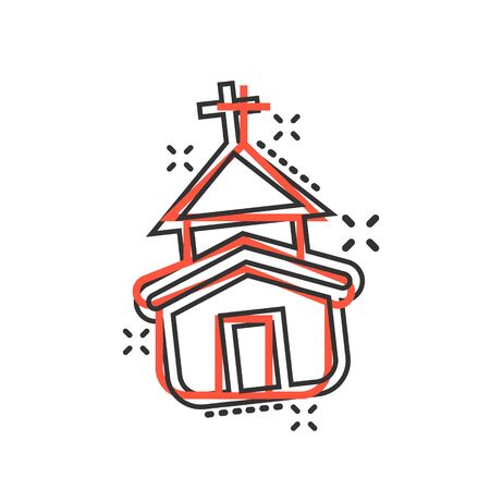 Church icon in comic style. Chapel vector cartoon illustration on white isolated background. Religious building business concept splash effect.のイラスト素材