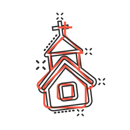 Church icon in comic style. Chapel vector cartoon illustration on white isolated background. Religious building business concept splash effect.のイラスト素材