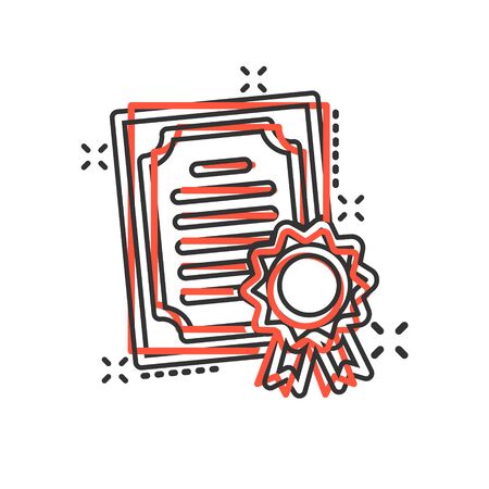 Certificate icon in comic style. License badge vector cartoon illustration on white isolated background. Winner medal splash effect business concept.のイラスト素材
