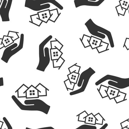 Home care icon seamless pattern background. Hand hold house vector illustration on white isolated background. Building quality business concept.のイラスト素材
