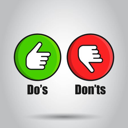 Do's and don'ts sign icon in flat style. Like, unlike vector illustration on isolated background. Yes, no business concept.のイラスト素材