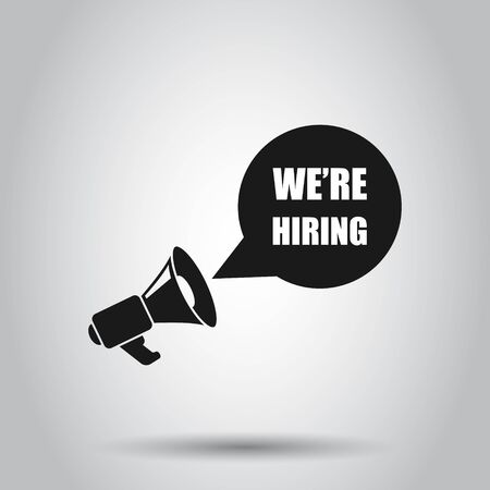 We're hiring icon in flat style. Job vacancy search vector illustration on isolated background. Megaphone announce business concept.のイラスト素材