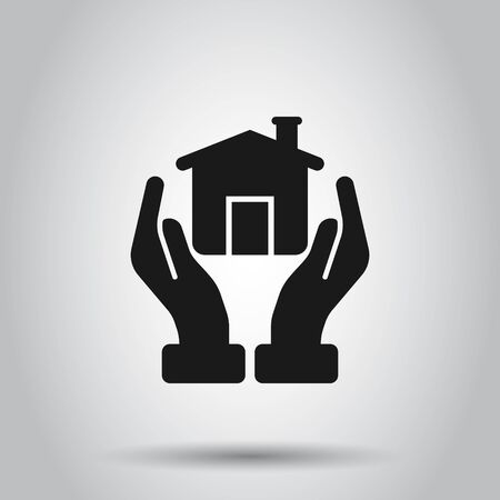 Home care icon in flat style. Hand hold house vector illustration on isolated background. Building quality business concept.のイラスト素材