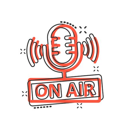 Microphone icon in comic style. Live broadcast vector cartoon illustration on white isolated background. On air business concept splash effect.のイラスト素材